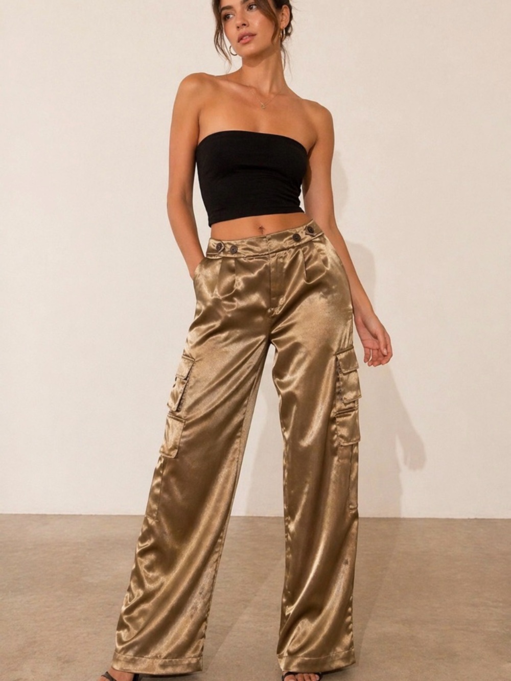 A New Day Gold Satin Cargo Pants Wide Leg Women’s Size 4
